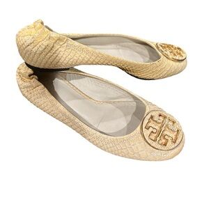 TORY BURCH Beige Cream Snake Print Ballet Flats Slipon Round Toe Goldtone Shoes